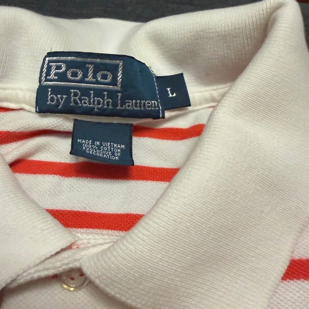 Polo Ralph Lauren Mens Large Orange White Striped Short Sleeve Pique Polo Shirt